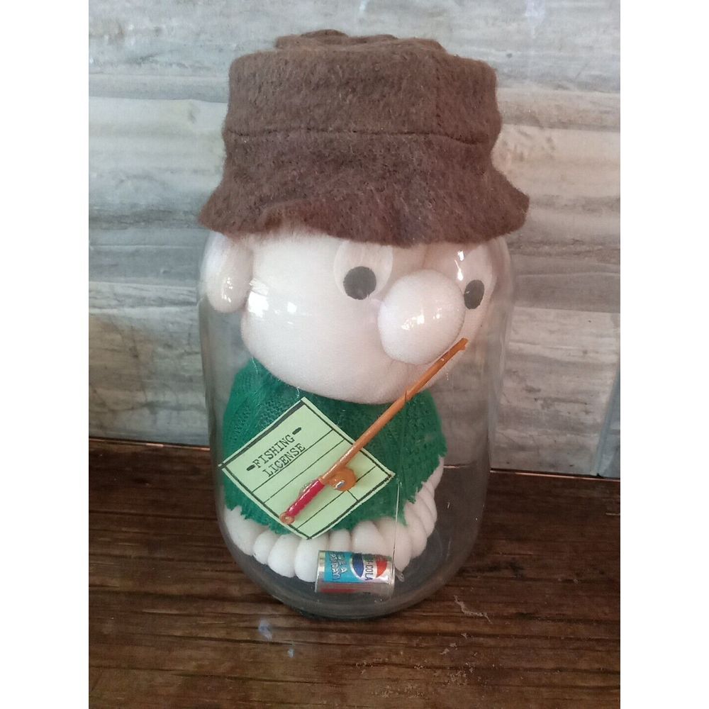 Vintage 1984 Diane Gifts Fisherman in a Glass Jar Plush with Tag & Message Pepsi